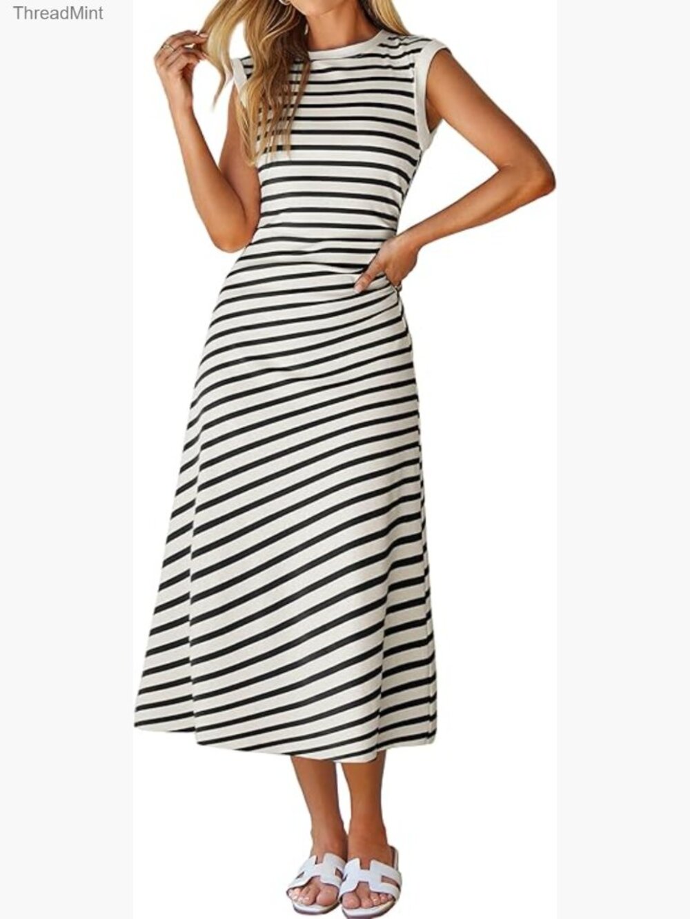 Summer Midi Dress A-Line Cap Sleeve Soft Stretch Casual Sun Dress